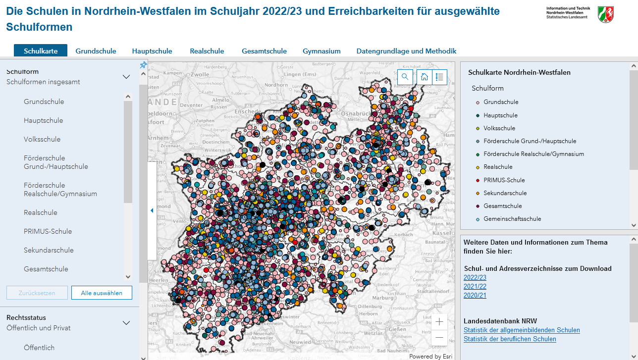 Screenshot Schulkarte NRW: Die Schulen in NRW im Schuljahr 2022/23 und Erreichbarkeiten für ausgewählte Schulformen