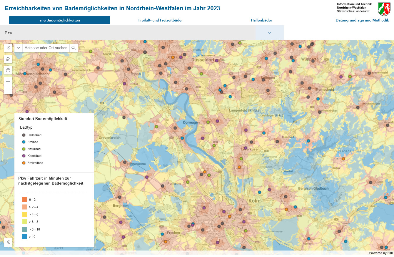 Screenshot Interaktive Kartenanwendung Erreichbarkeiten von Bademöglichkeiten in Nordrhein-Westfalen im Jahr 2023