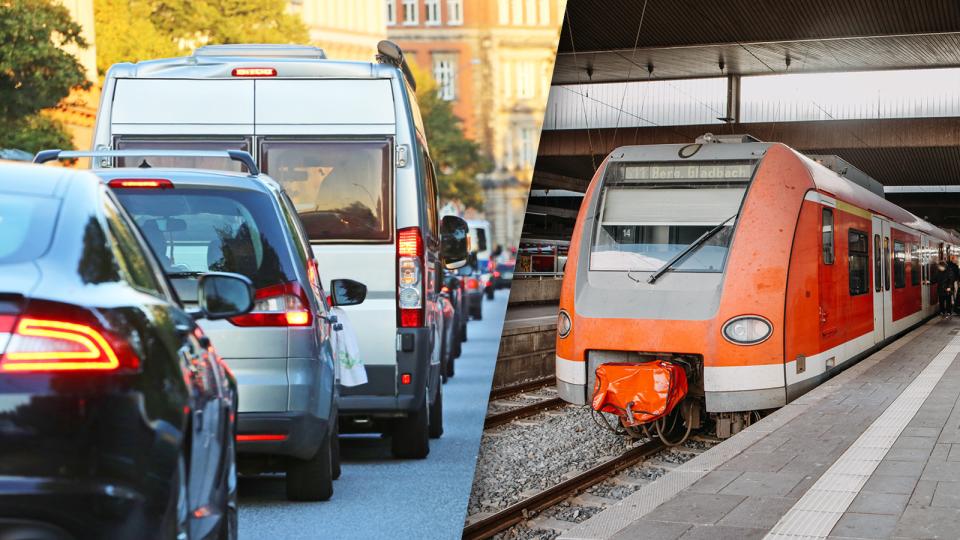 Geschnittenes Bild: Pkws im Stau und einfahrende S-Bahn  